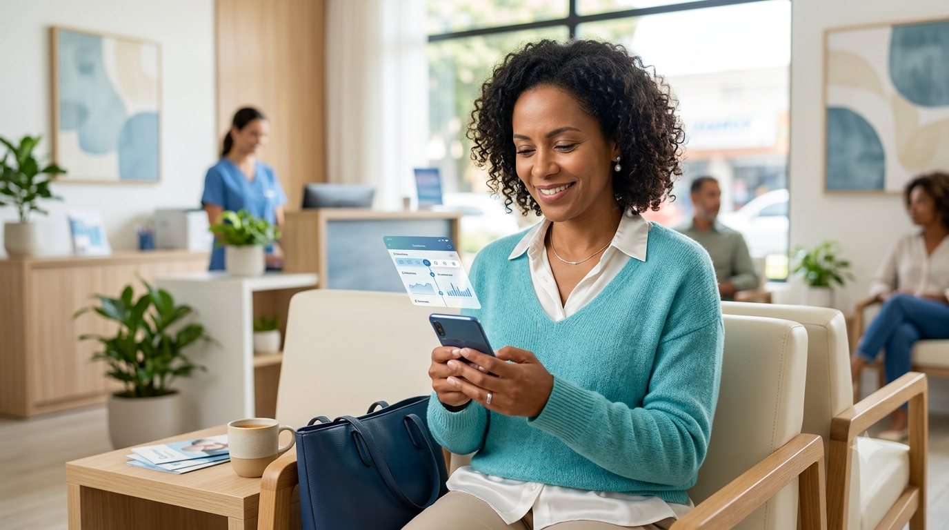 Mulher organizando informações de saúde pelo celular antes de uma consulta