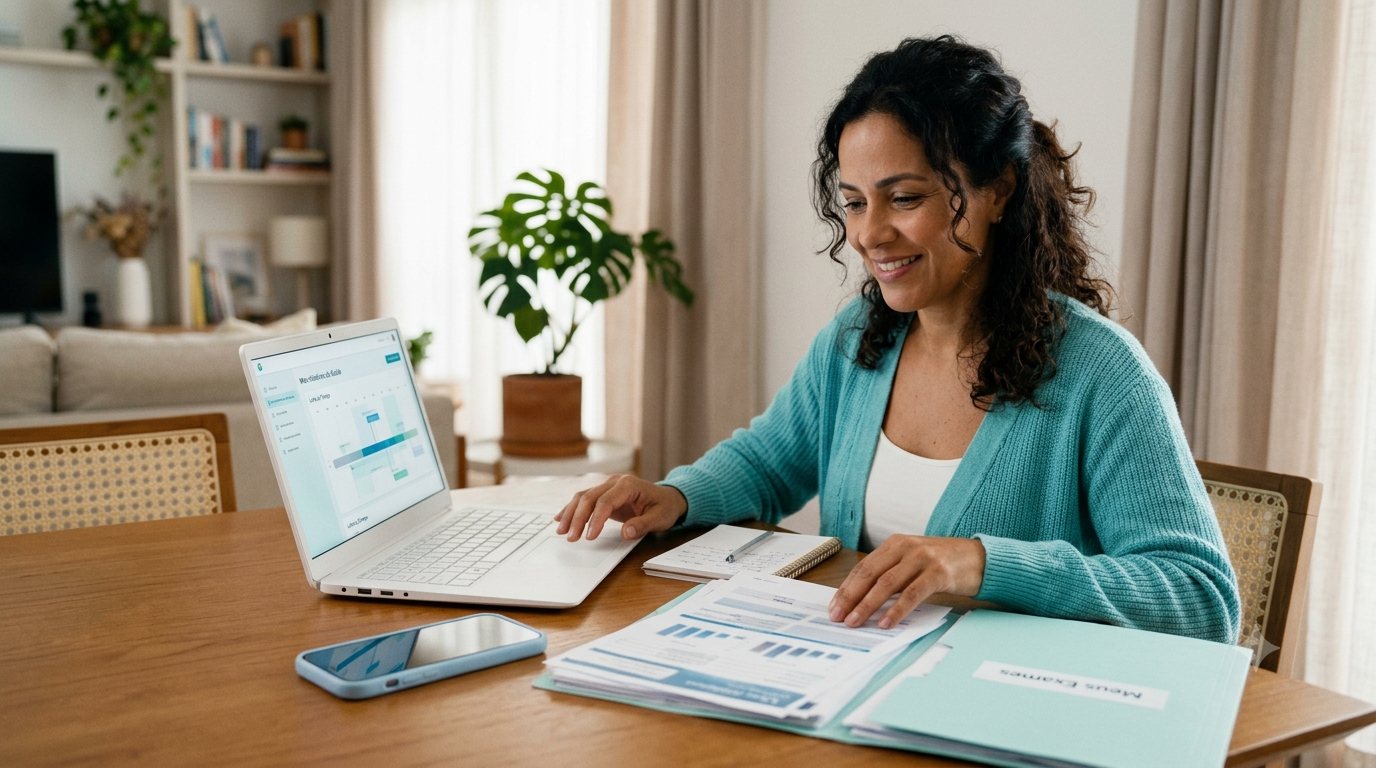 Mulher organizando exames de saúde em casa com notebook e celular